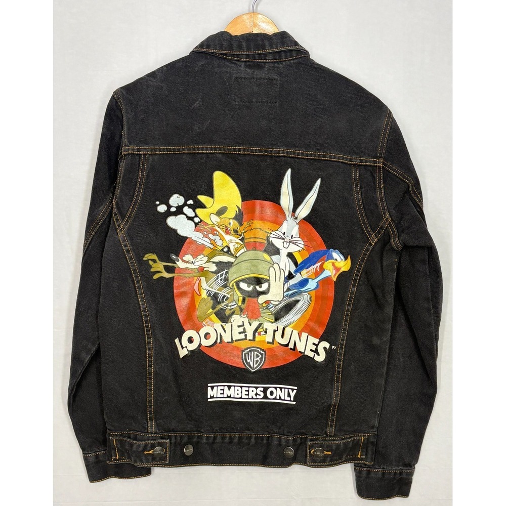Members Only Looney Tunes Trucker Jacket Mens Black Denim Long Sleeve Small